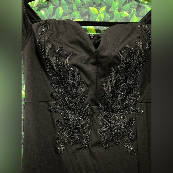 NWOT Black Beaded long gown with sweetheart neckline and knee high slit - Picture 2 of 8